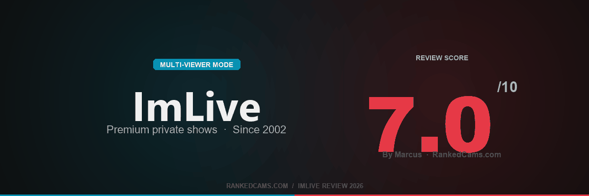 ImLive review hero: Multi-Viewer mode badge, 7.0/10 score, RankedCams brand
