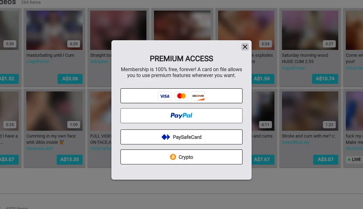Jerkmate PREMIUM ACCESS modal reading Membership is 100% free forever, a card on file allows you to use premium features, shown over the Video Store with prices in Australian dollars