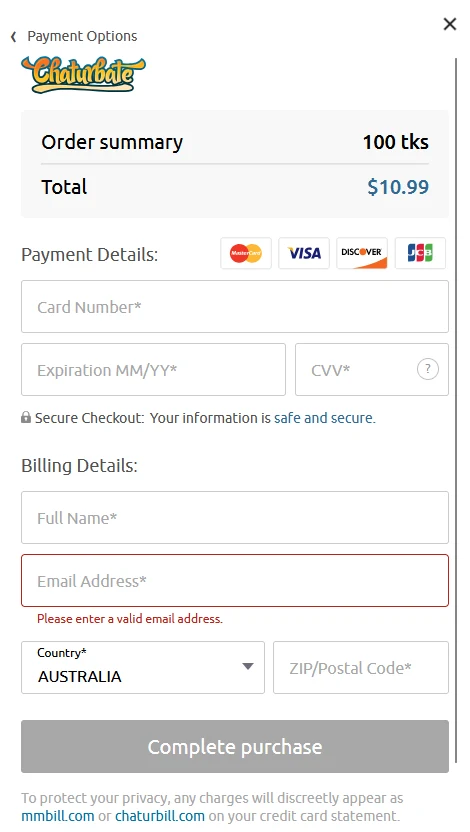 Chaturbate card checkout for 100 tokens at $10.99 with Australia selected, accepting Mastercard, Visa, Discover and JCB, noting charges appear as mmbill.com or chaturbill.com