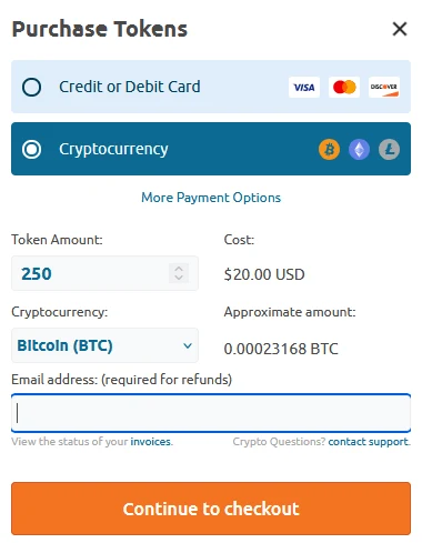 Chaturbate cryptocurrency purchase screen showing 250 tokens for $20.00 USD, priced in Bitcoin, with Litecoin and Ethereum also offered