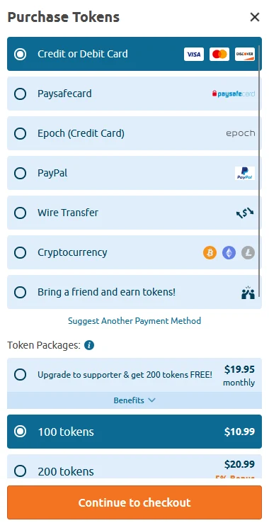 Chaturbate Purchase Tokens payment options on an Australian account: credit or debit card, Paysafecard, Epoch, PayPal, wire transfer, cryptocurrency and bring a friend