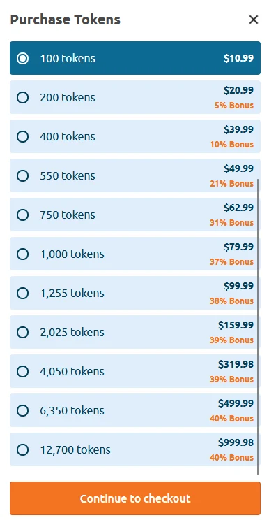 Chaturbate Purchase Tokens screen listing all eleven packs from 100 tokens for $10.99 to 12,700 tokens for $999.98, with bonus percentages from 5% to 40%